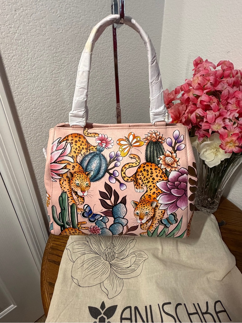 Anuschka Pink Hand-Painted Satchel with Leopard & Floral Motif